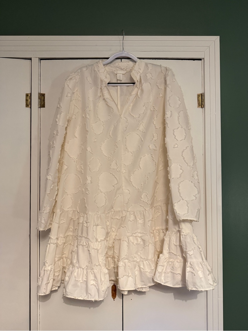 H&M Cream Textured Long-Sleeve Ruffle Dress